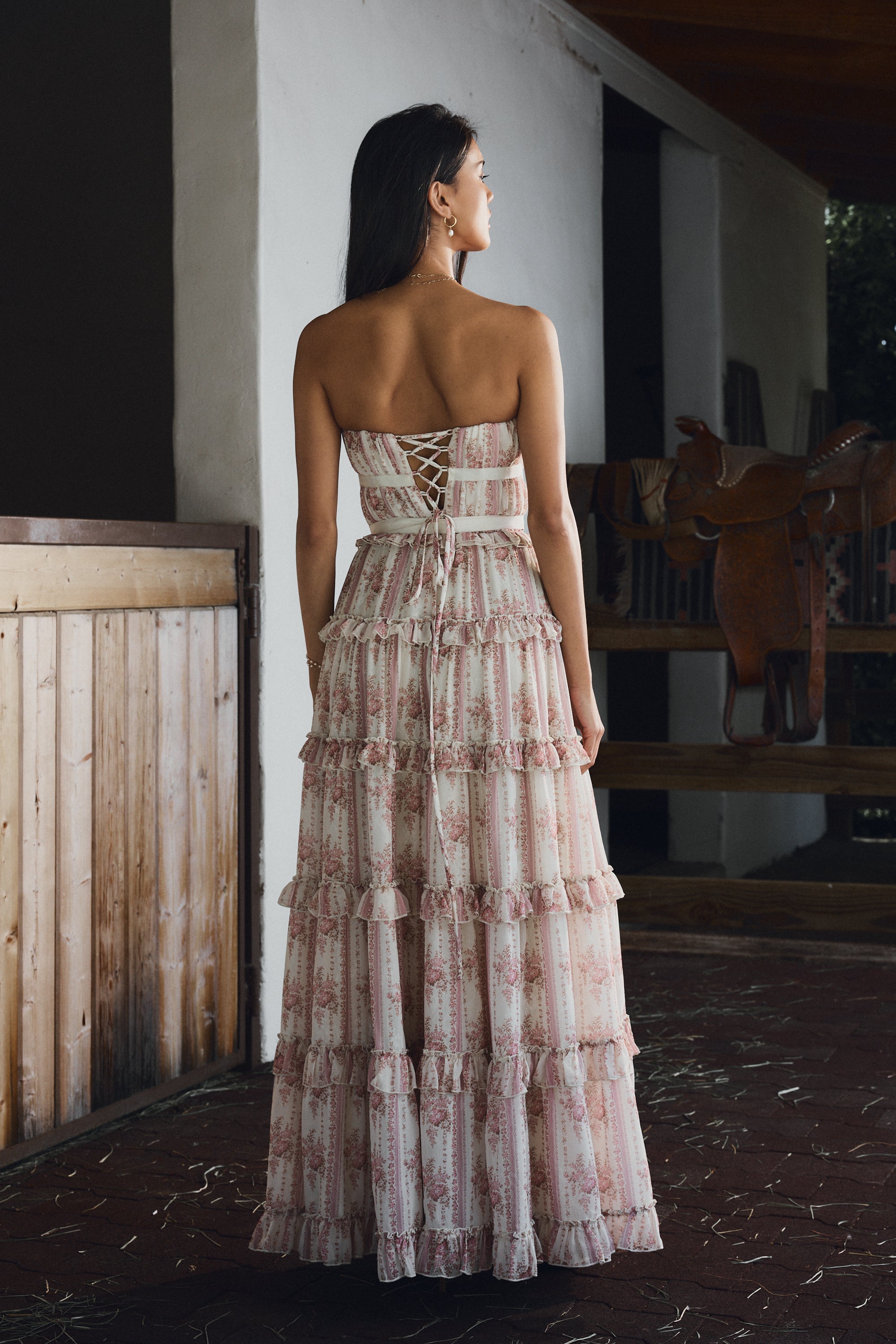 The Shelby Dress in Strawberry Victorian Stripe 12 / Strawberry Victorian Stripe