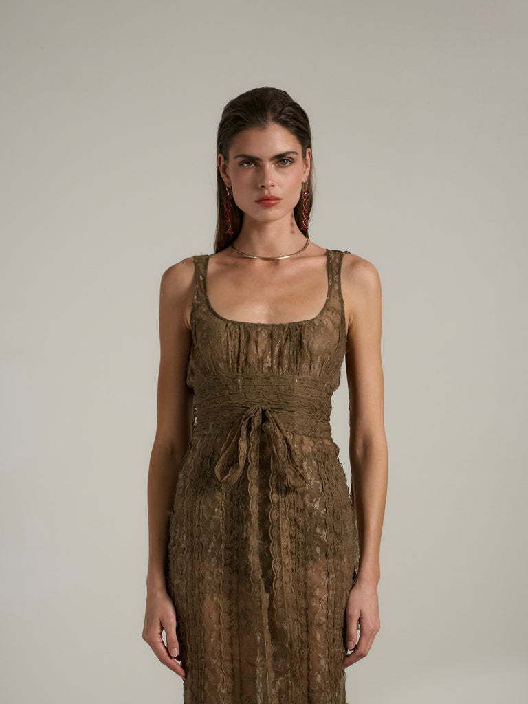 The Seville Dress in Brown Fuzzy Lace – V. Chapman