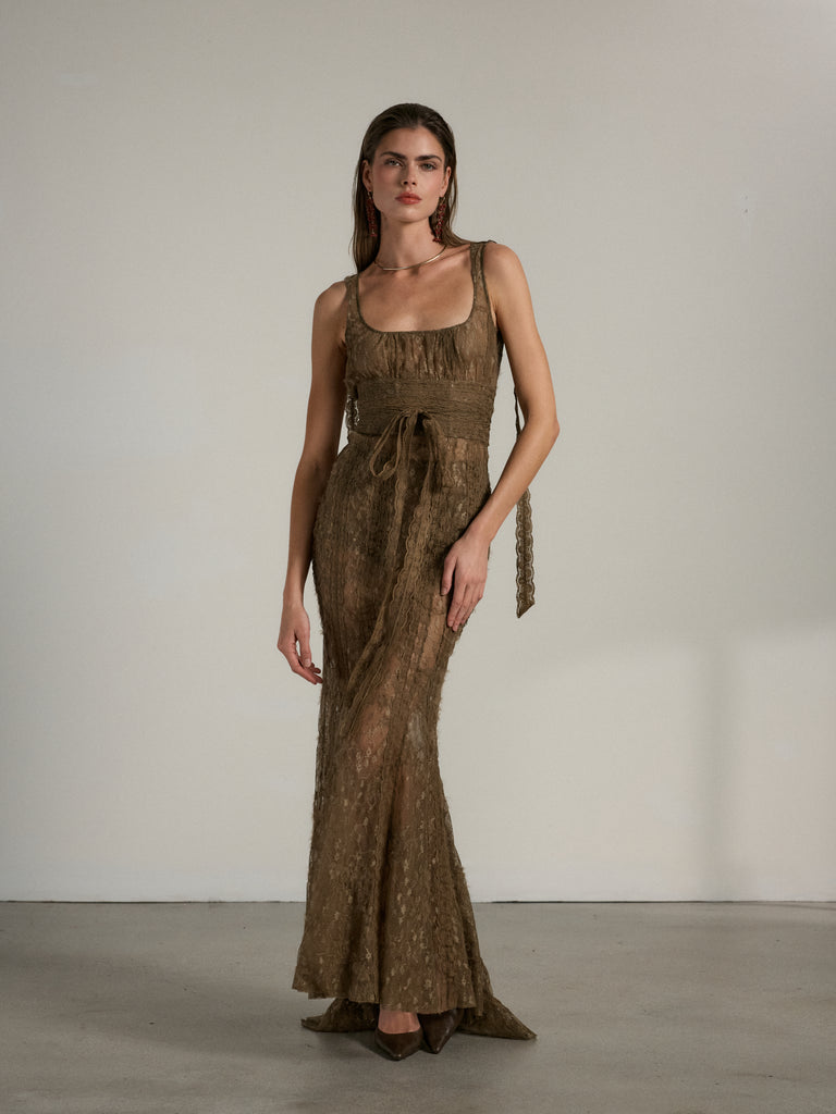 The Seville Dress in Brown Fuzzy Lace – V. Chapman