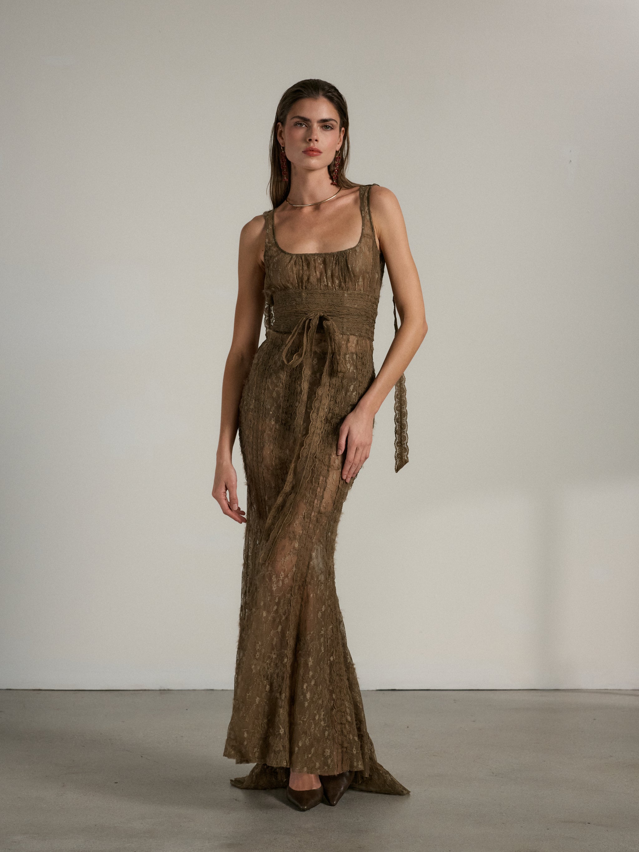 The Seville Dress in Brown Fuzzy Lace – V. Chapman