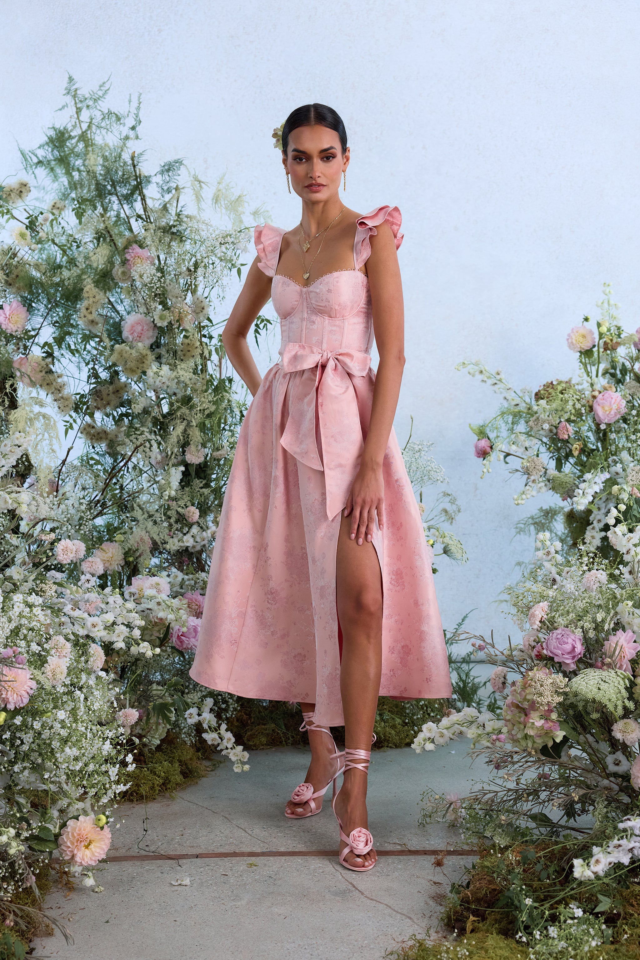 windsor floral dress The Vera in Light Pink Brocade 2 / Light Pink Windsor Brocade Denim Shirtdress | Cotton Princess seams at the inv-99 Finish:HBB