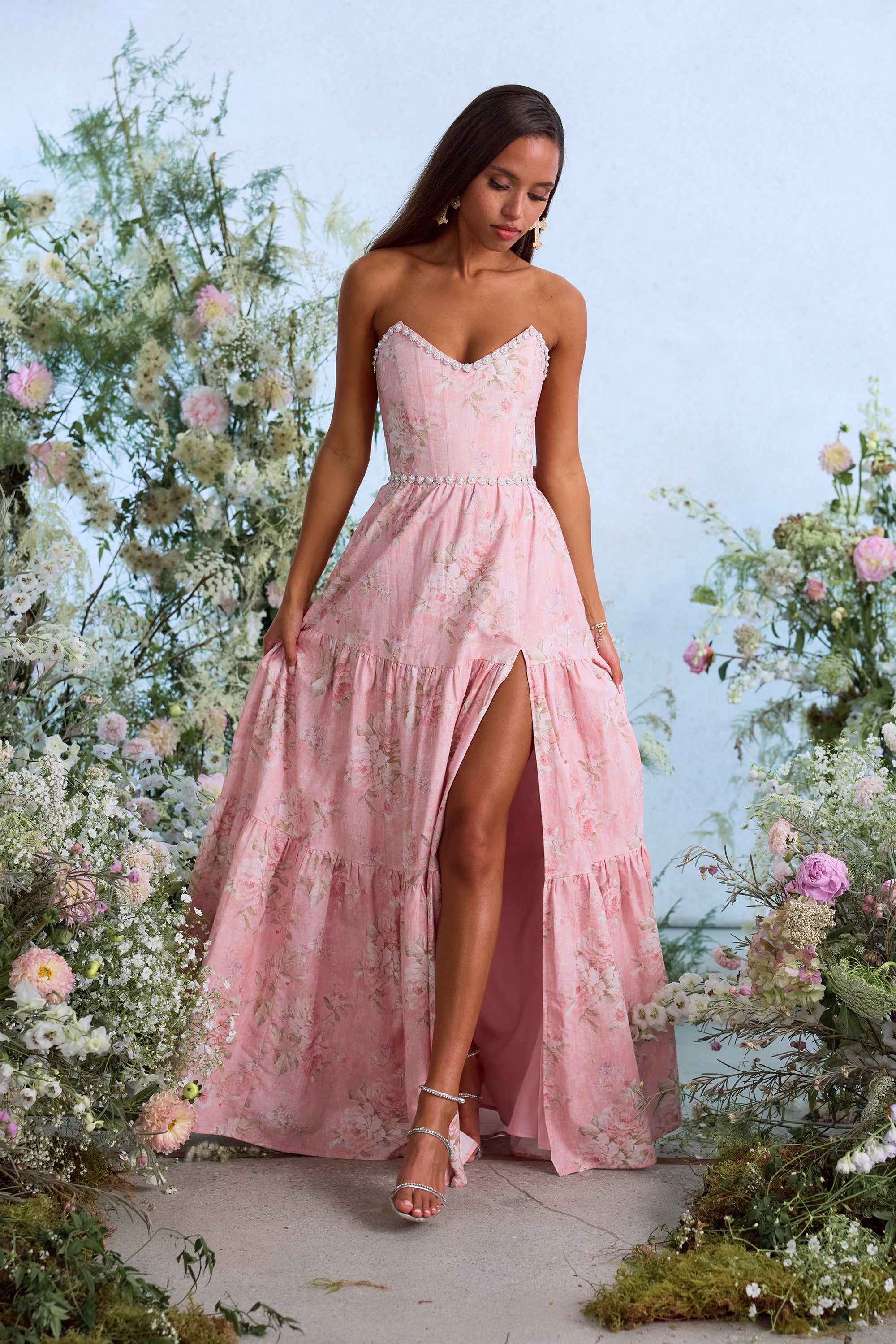 light pink floral long dress The Vivian in Tapestry Rose – V. Chapman channel--Wholesale Option:Khaki This pink floral maxi La Femme Mother of