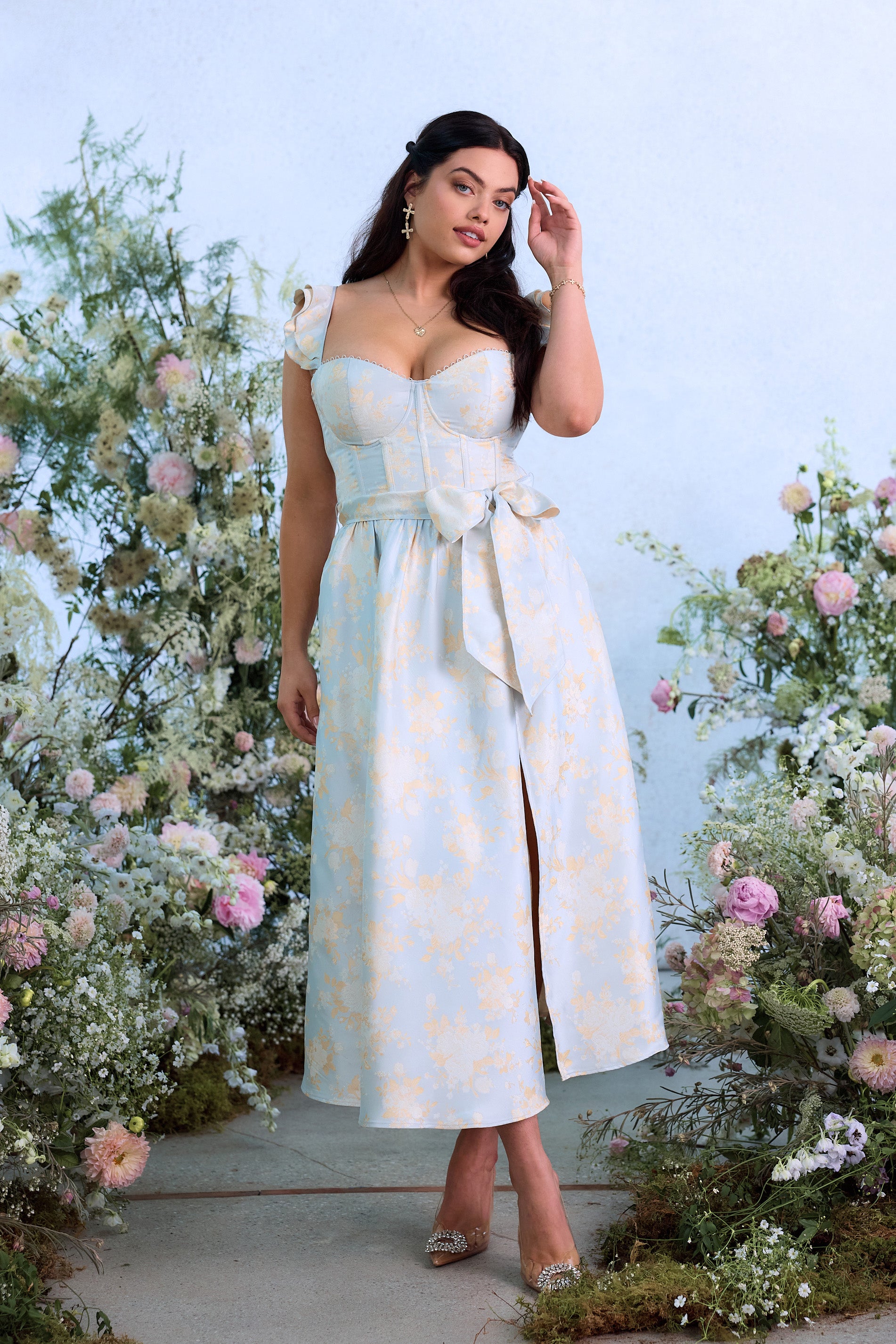 v. chapman vera satin ruffled-sleeve bustier midi dress V. Chapman, Vera Satin Ruffled-Sleeve Bustier Midi Dress Wedding Dress Save 37%