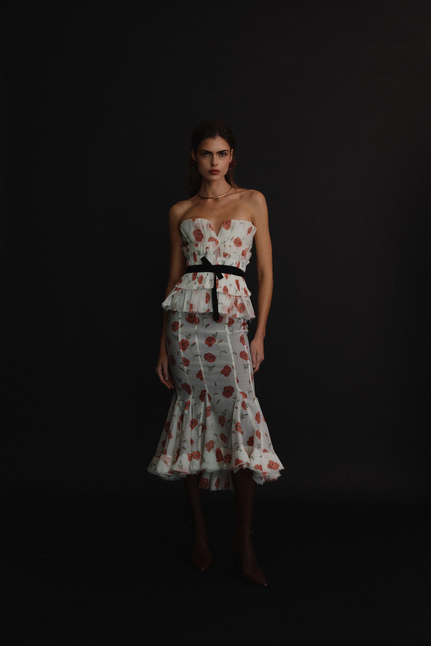 Floral look photographed in a dark studio