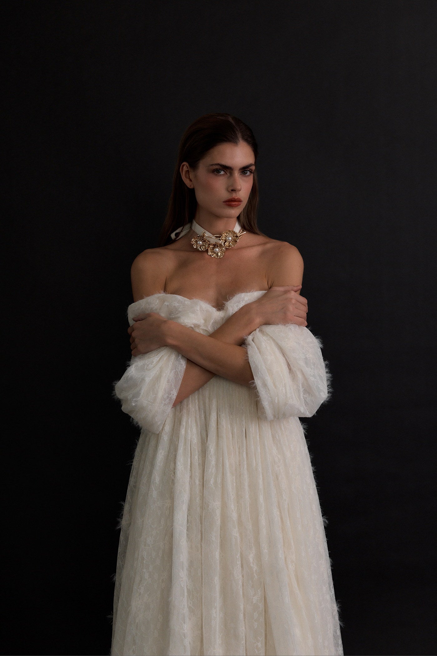 Off-shoulder white portrait