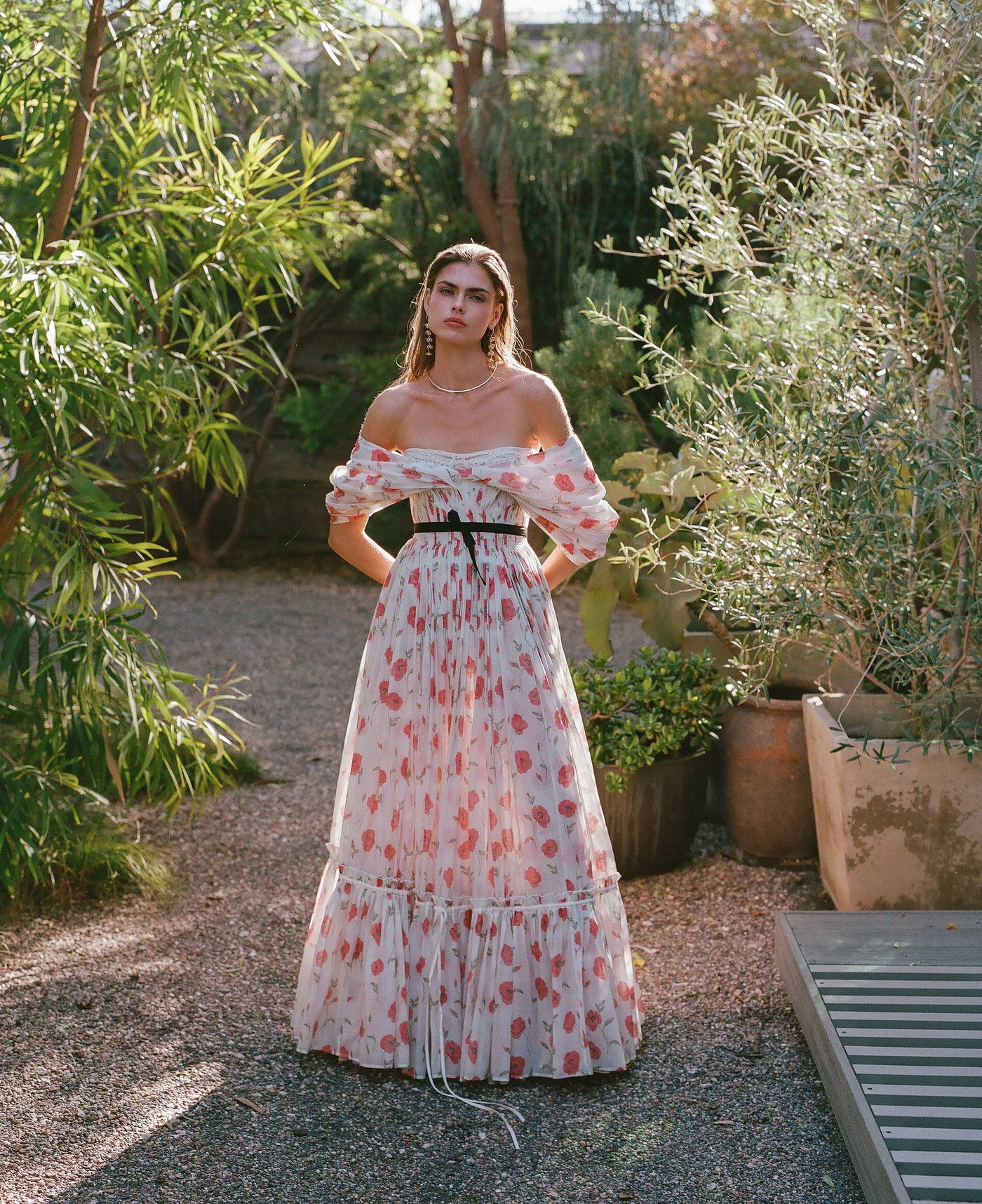 Pink floral dress photographed outdoors