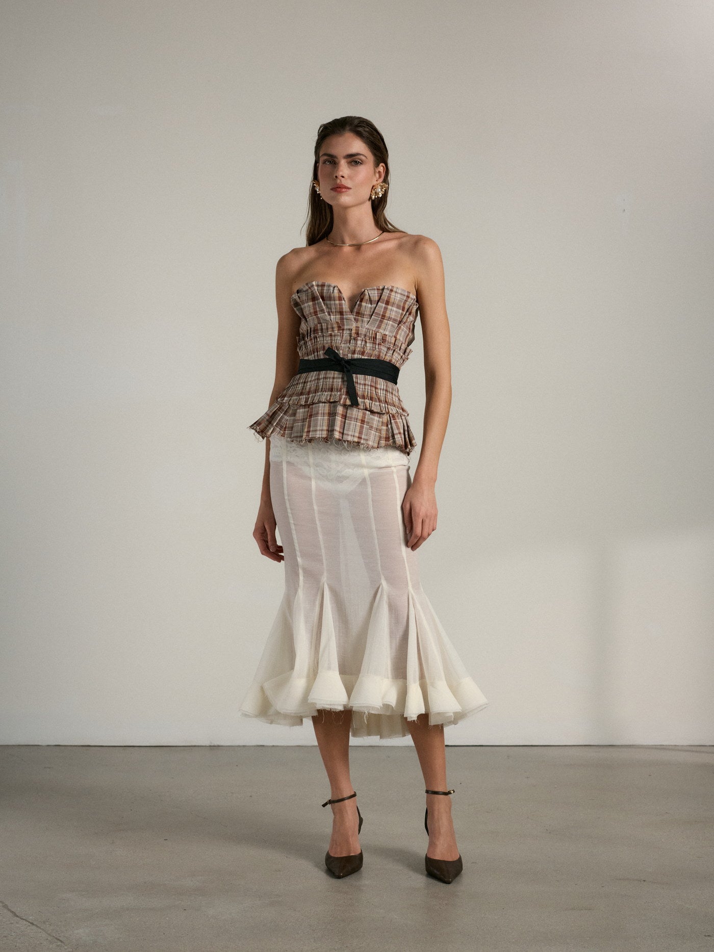 Printed top with white skirt