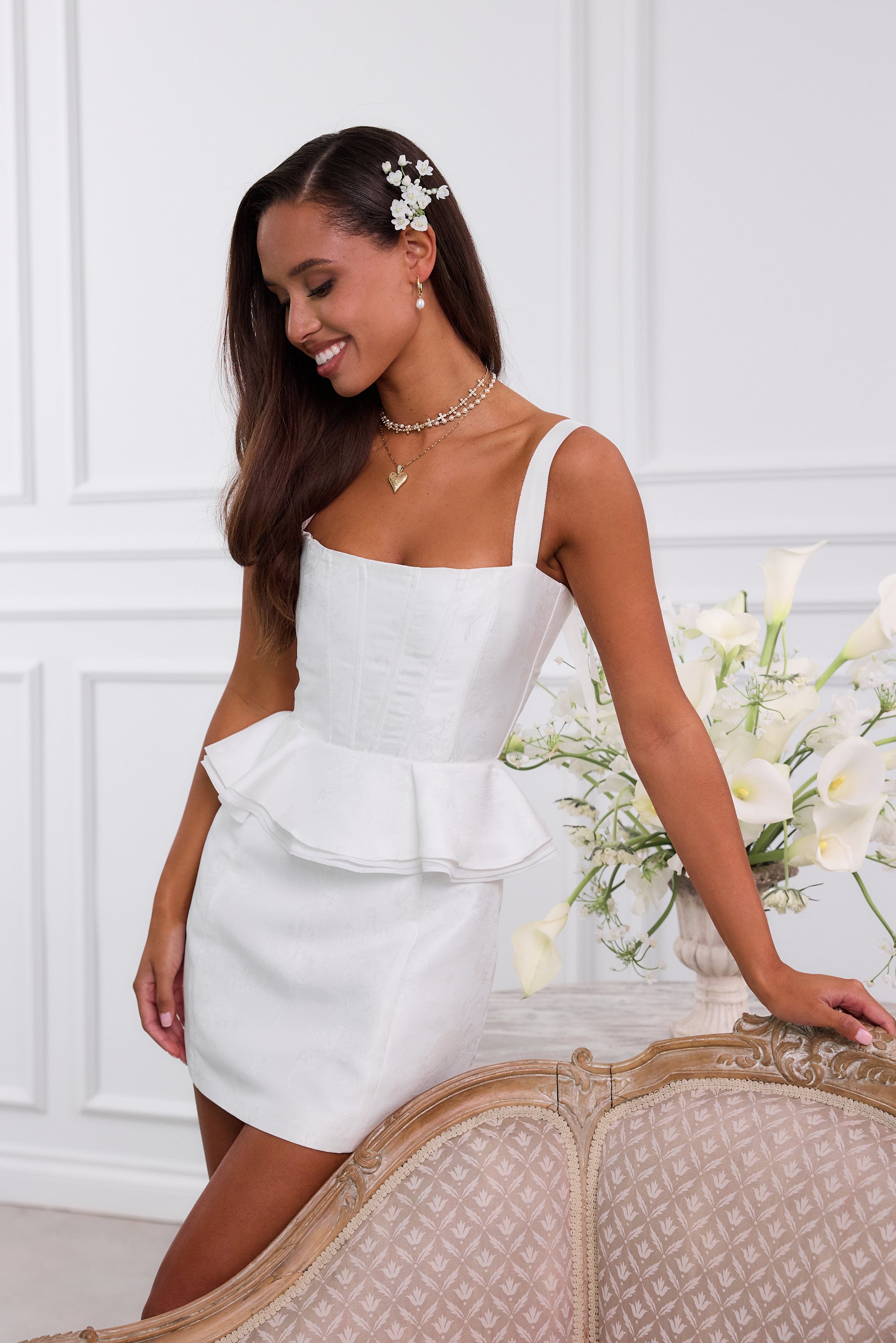 white brocade dress The Emma in Windsor 2 / White Windsor Brocade while the puff sleeves and gold button details add the perfect touch of feminine charm Look 1 : , Introducing