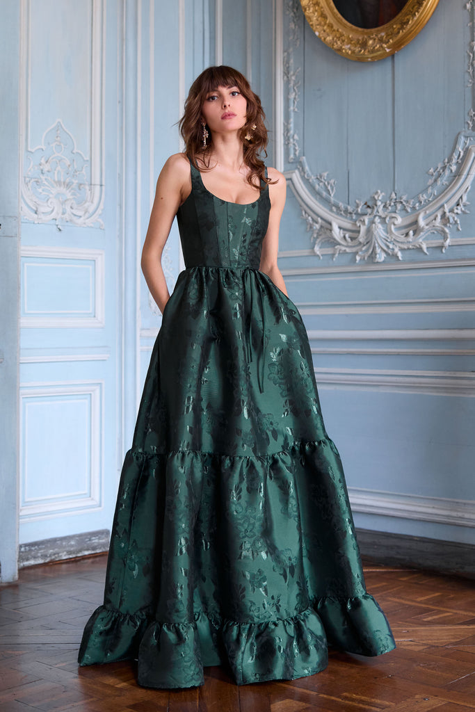 the avery dress in emerald baroque floral