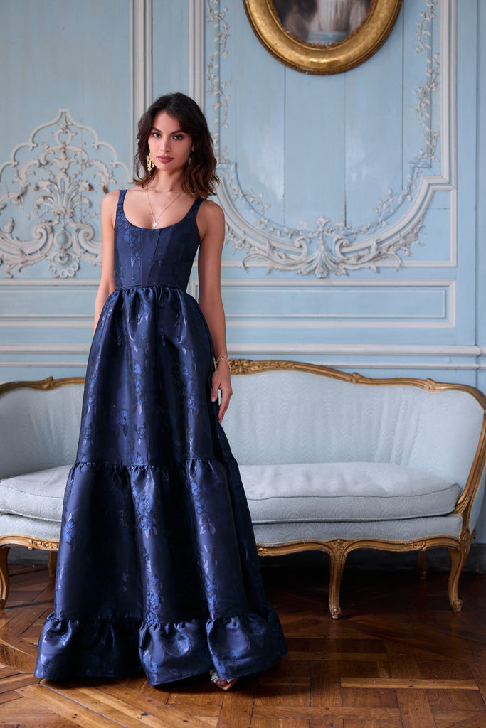 the avery dress in navy baroque floral