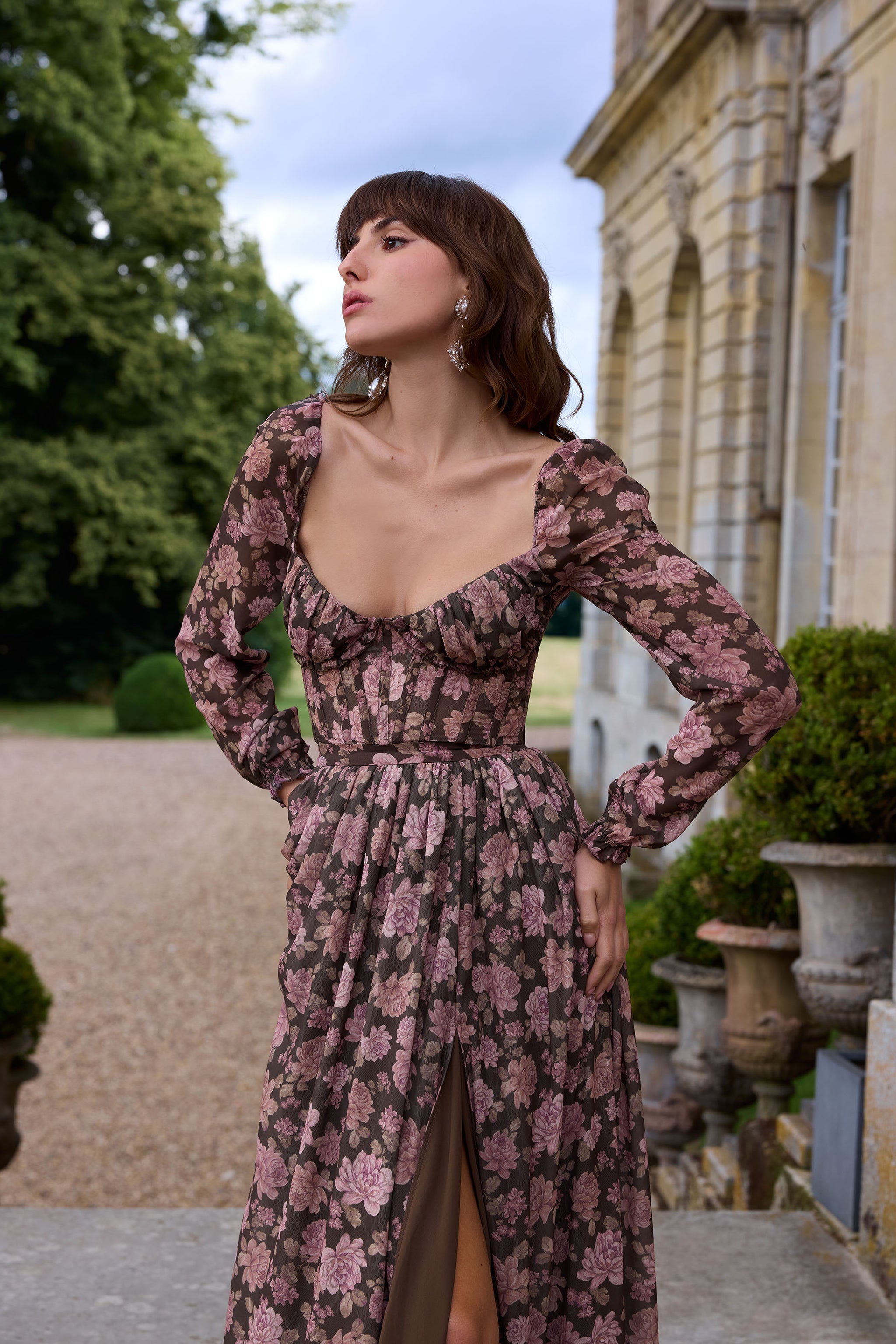 v chapman carmella long sleeve ruffled chiffon maxi dress The Carmella Dress in Blue Tapestry Rose 8 / Blue Tapestry Rose
