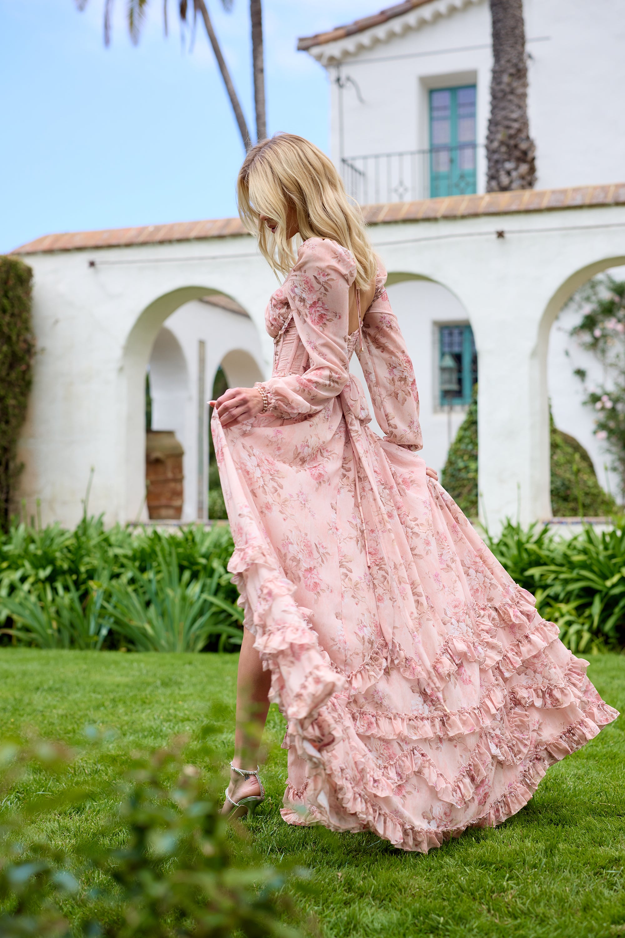 long peach dress with sleeves 313-2 ISABELLE Pleated dress with neckline and long sleeve - peach color