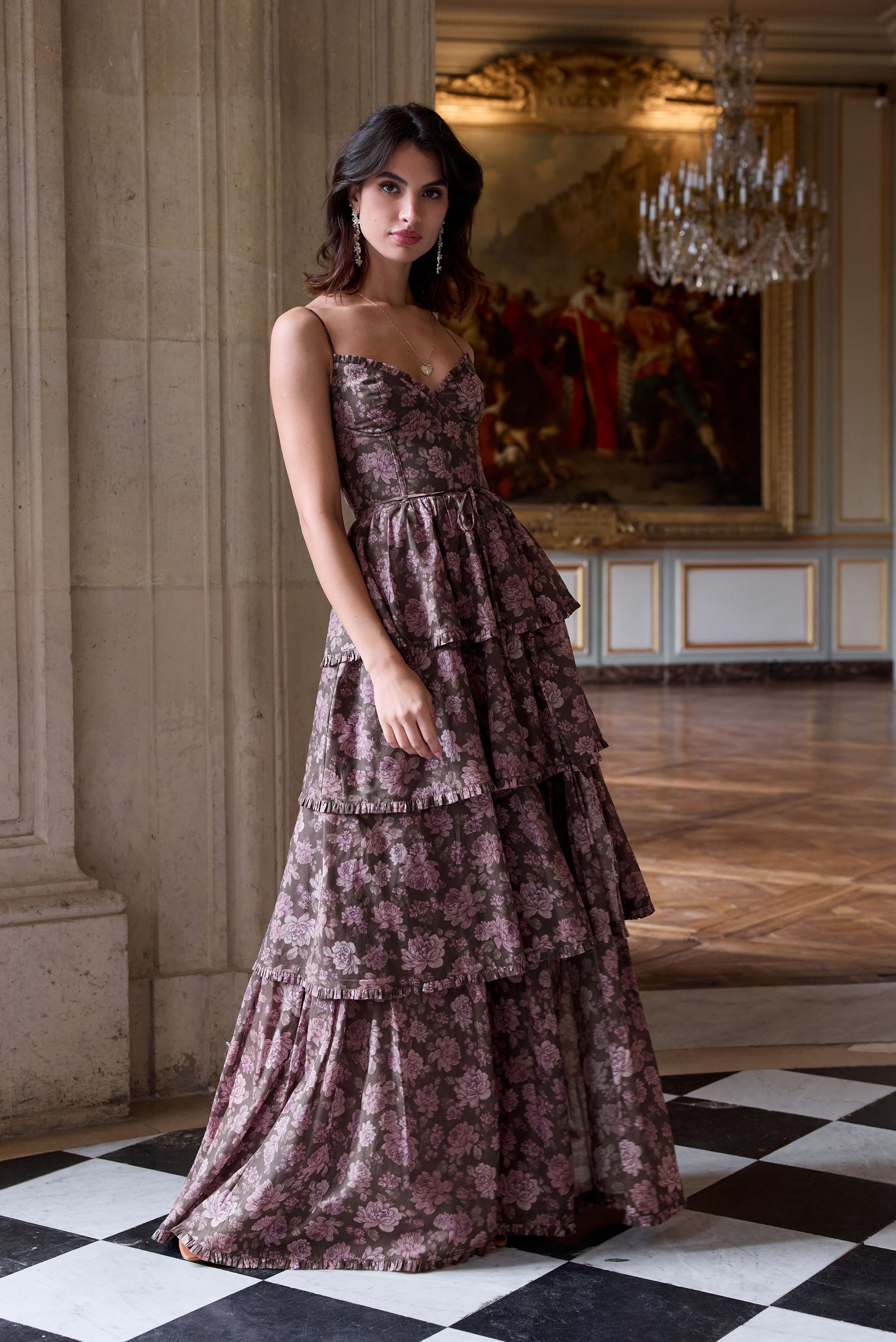 v chapman caterina corset ruffle dress The in Chocolate Peony Print 20 / Chocolate Peony Print Gingham Black and White FAIRYTALE DRESSES full length gown made Size:50 (IT) / 44(FR) / 34(UK-US)
