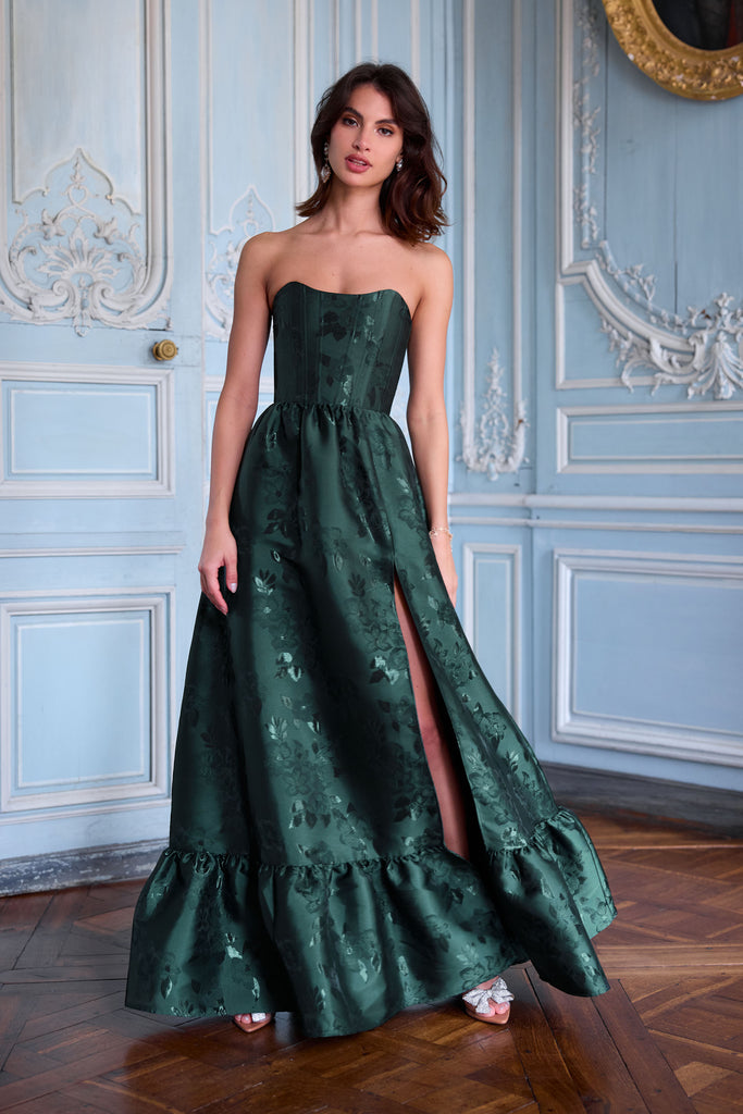 the charlotte dress in emerald baroque floral