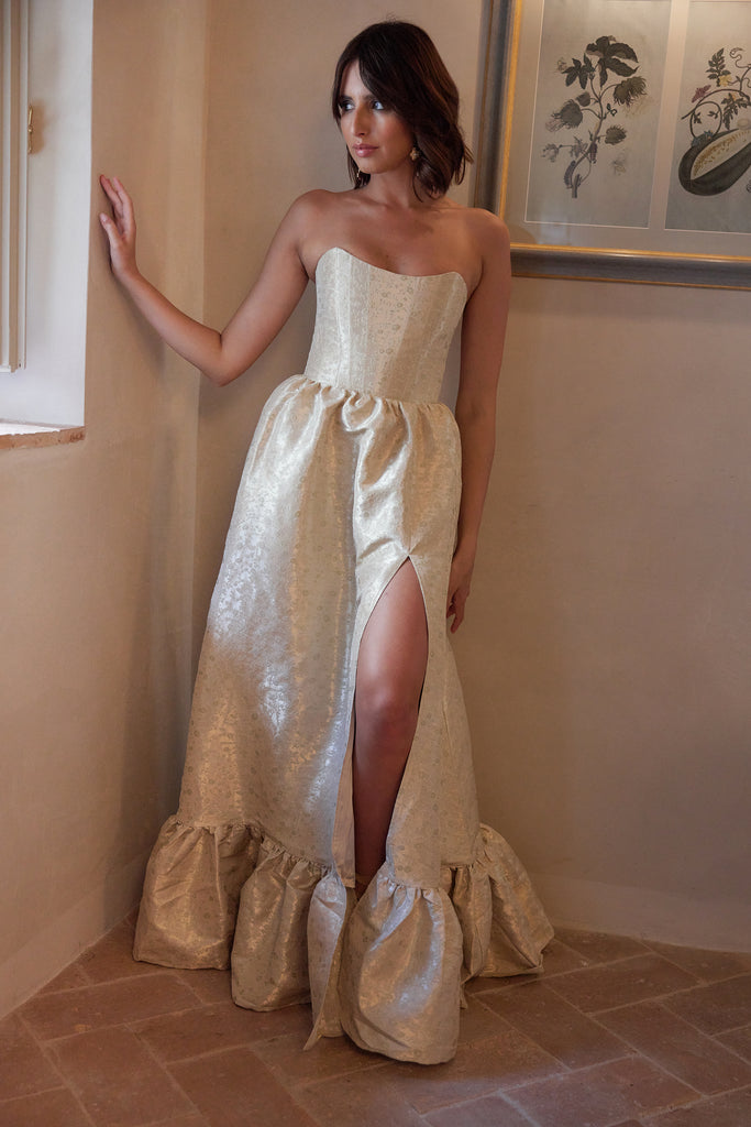 photo of model from the front in the charlotte dress in taupe duchess
