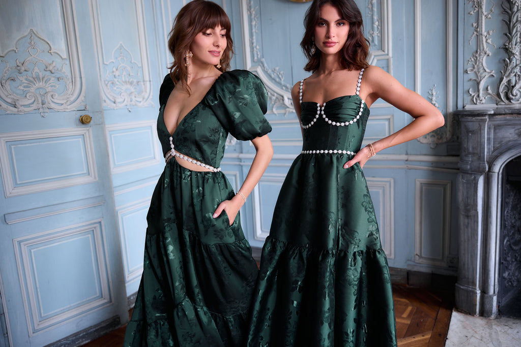 models in the emma and lucetta dresses in emerald baroque floral