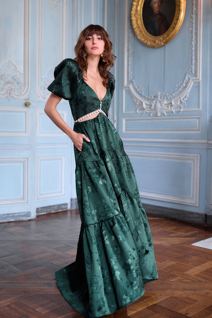 the emma dress in emerald baroque floral