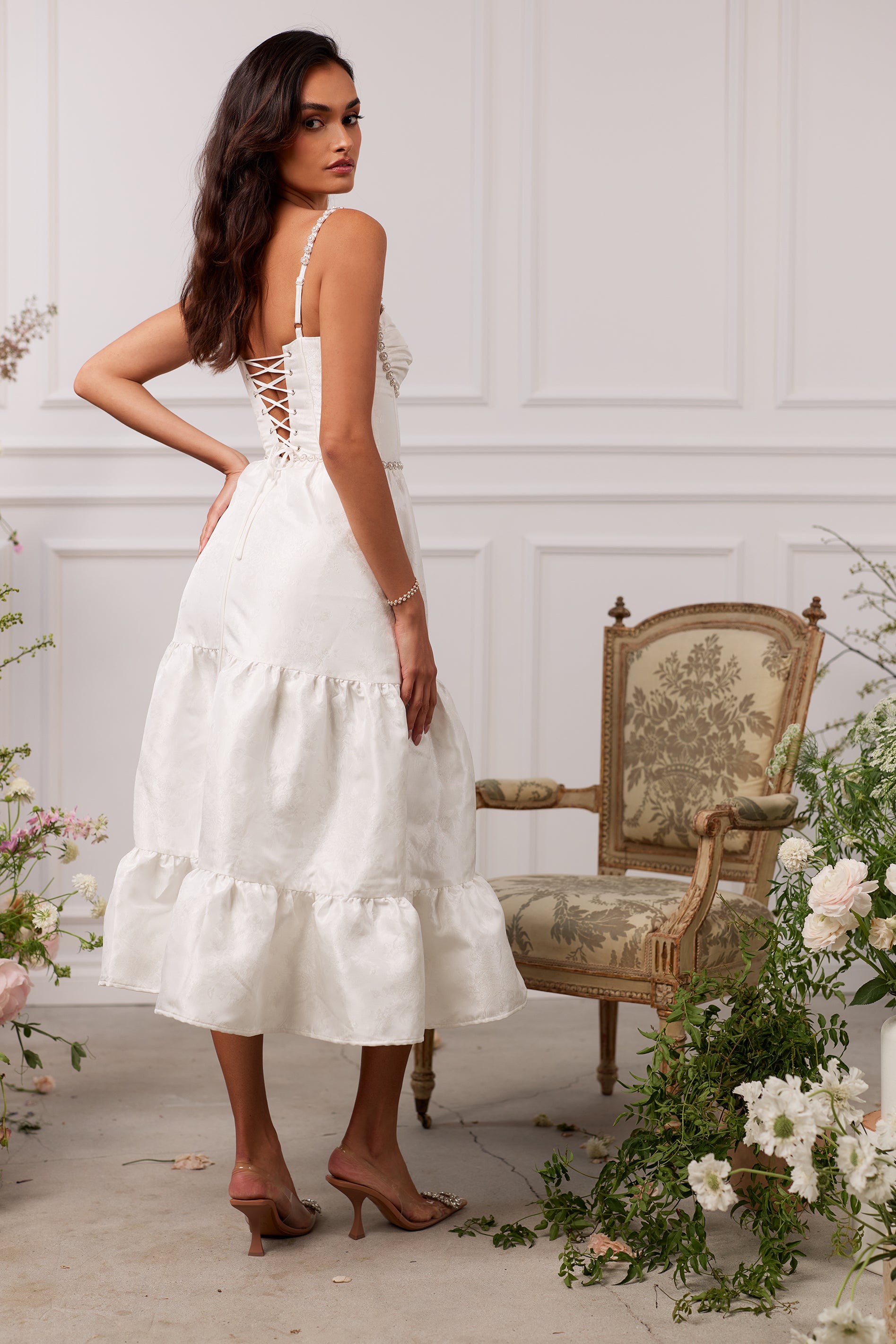 ANDRÉSD V line jacquard dress Cape detail sleeve A-line midi length patterned jacquard dress