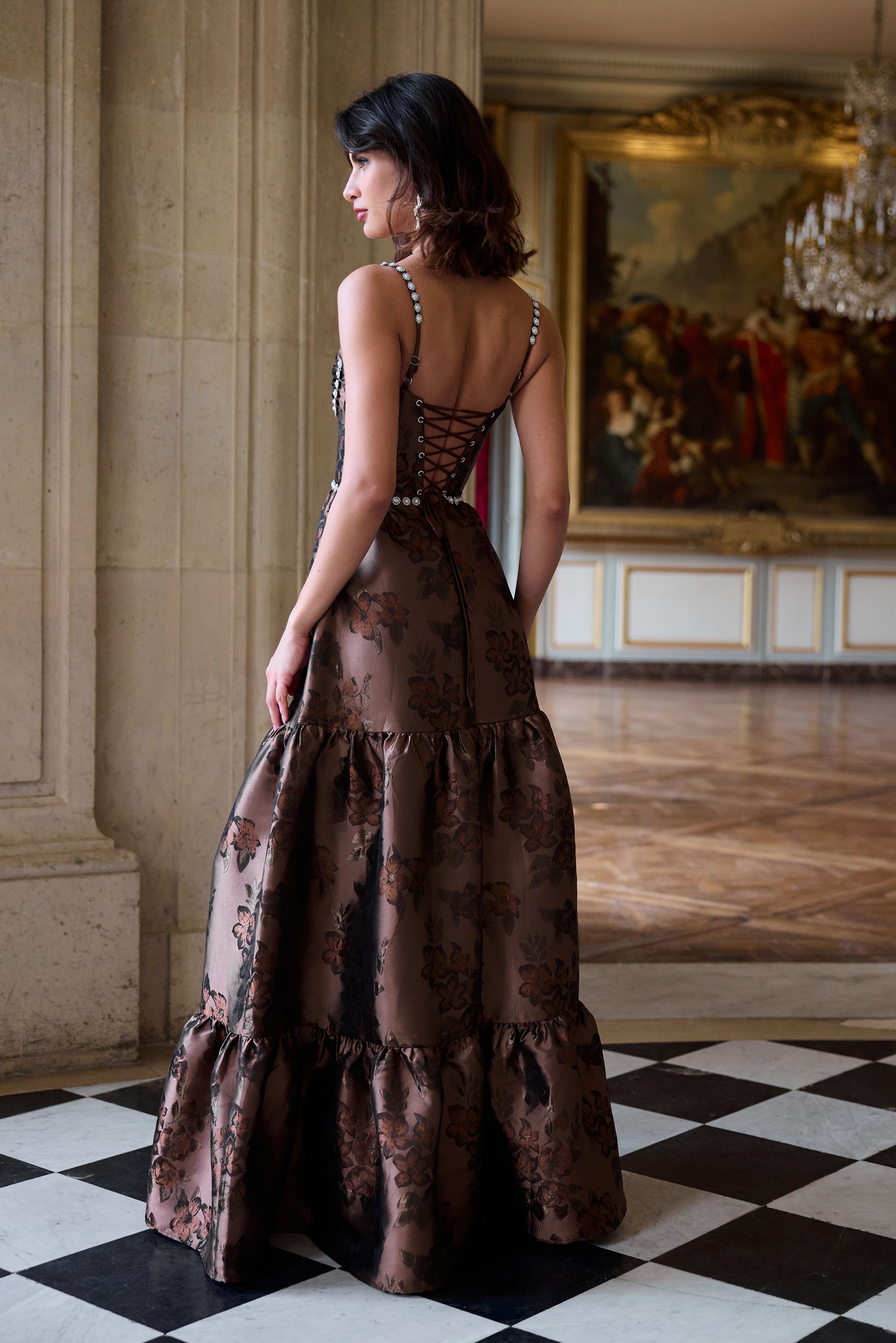 The Lucetta Dress in Cocoa Baroque Floral V. Chapman The Lucetta Dress in Cocoa Baroque Floral V. Chapman