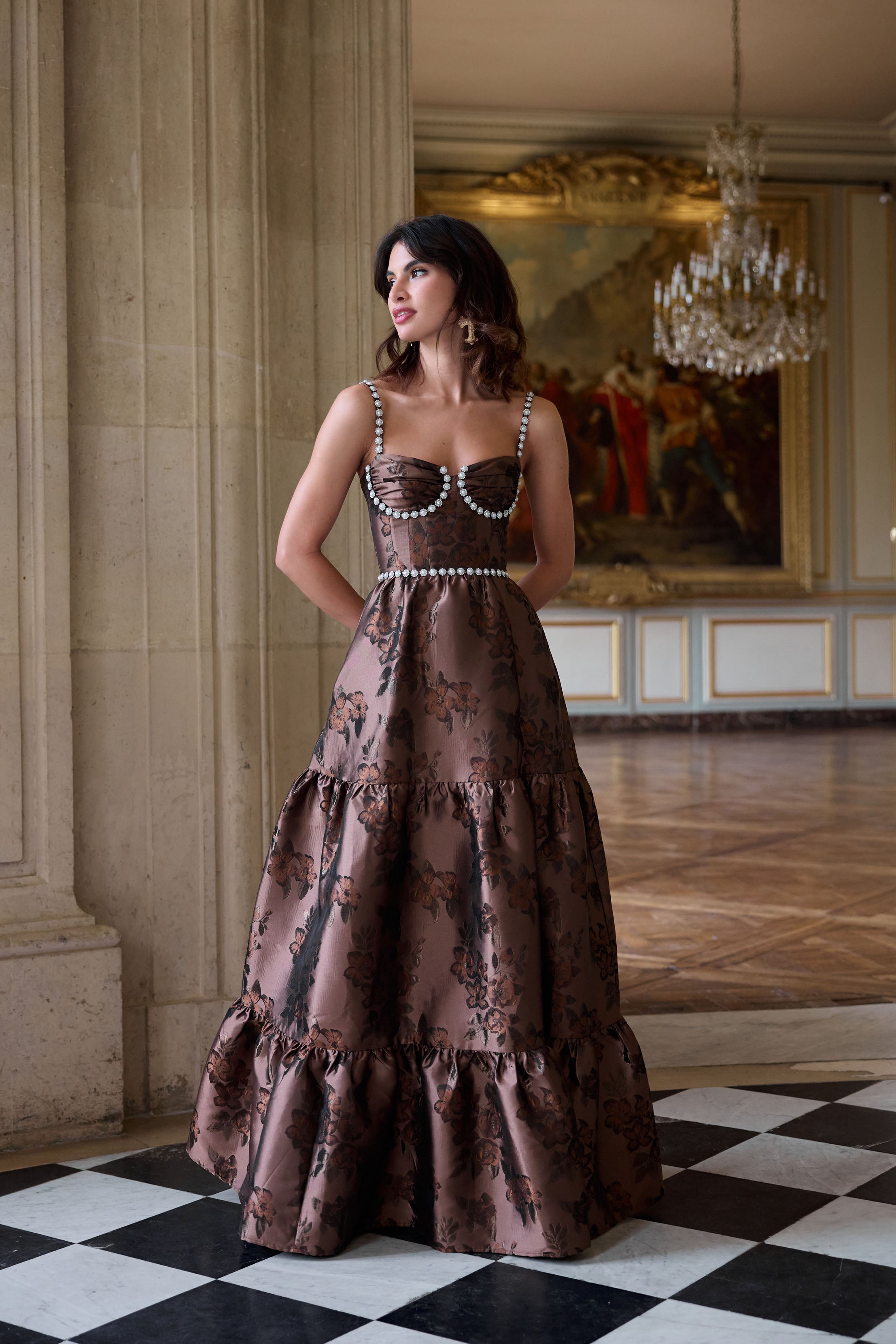 The Lucetta Dress in Cocoa Baroque Floral 00 / Cocoa Baroque Floral