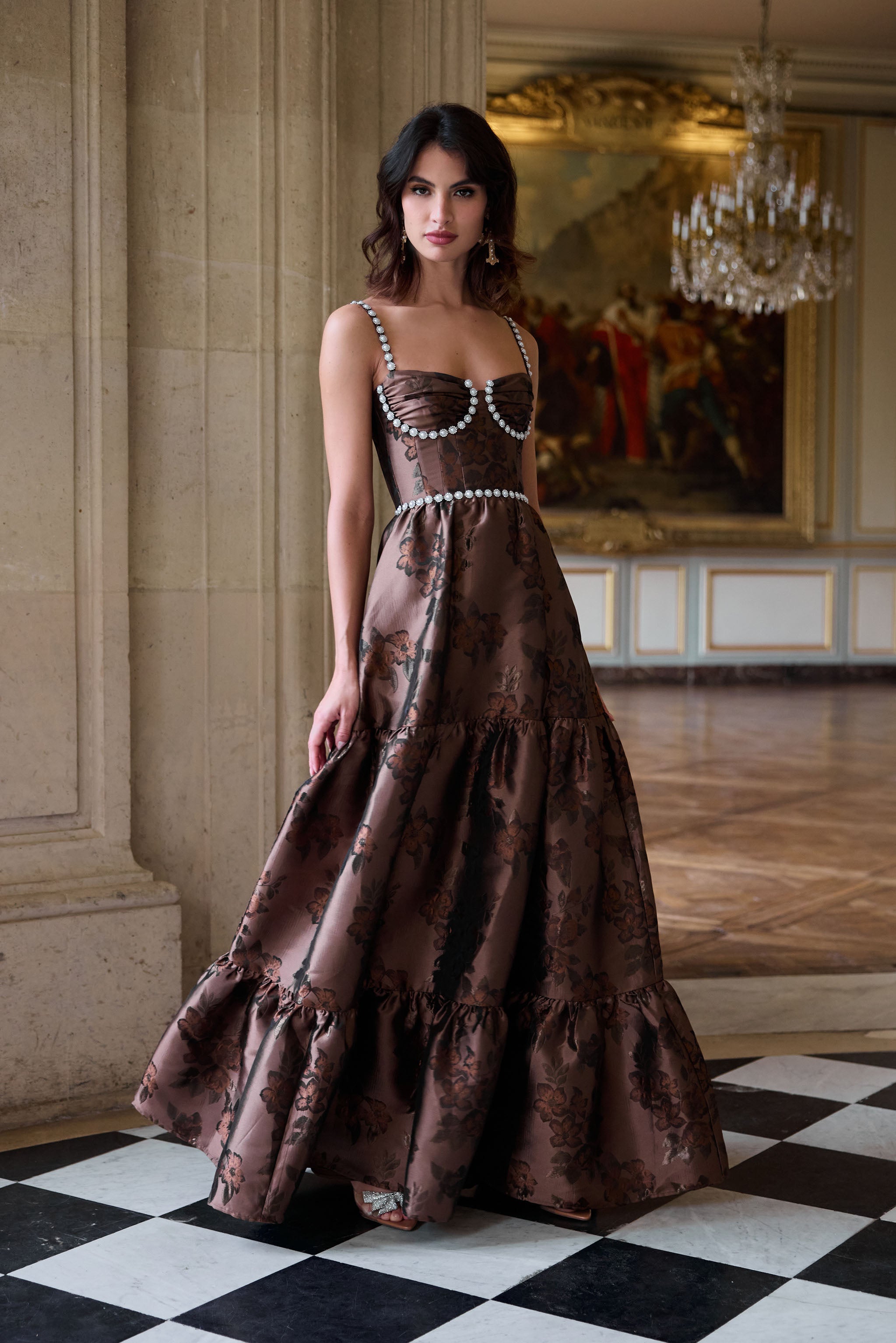 v chapman dress brown The Carmella Dress in Chocolate Peony Print 0 / Chocolate Peony Print