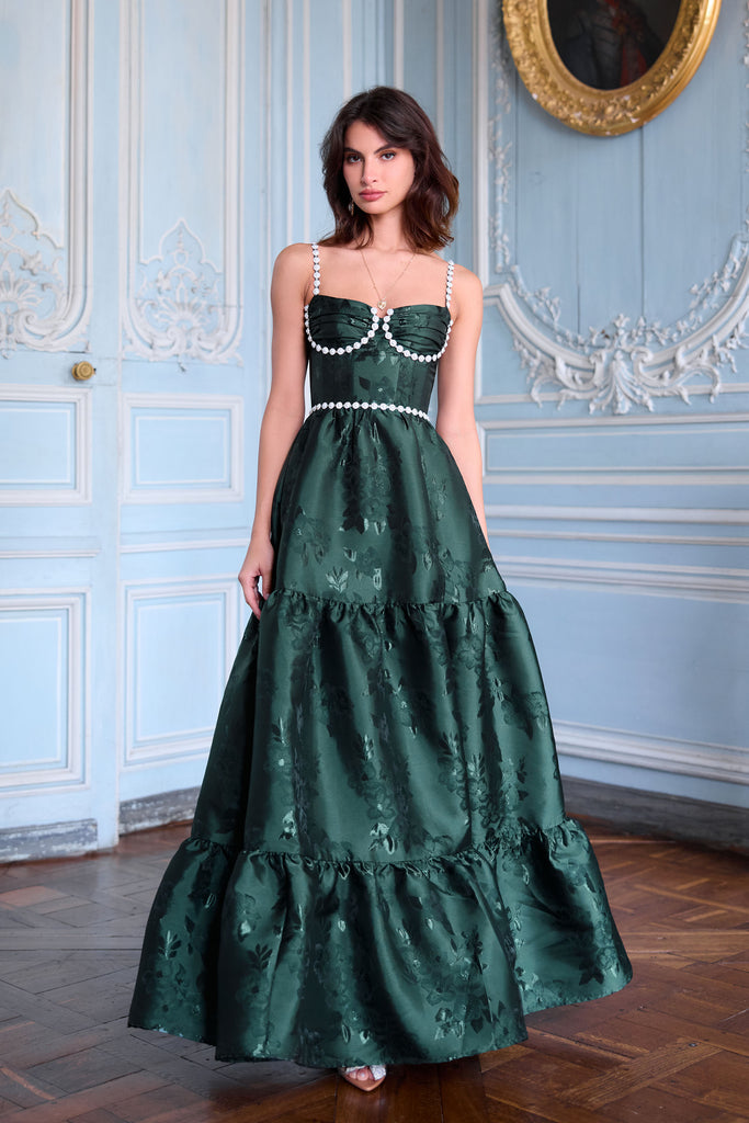 model in the lucetta dress in emerald baroque floral