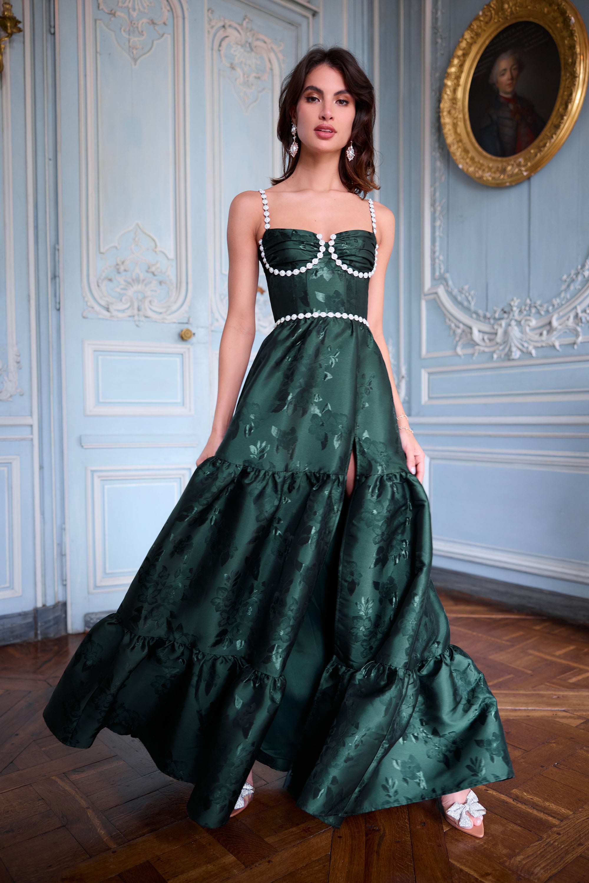The Lucetta Dress in Emerald Baroque Floral 0 / Emerald Baroque Floral The Lucetta Dress in Emerald Baroque Floral 0 / Emerald Baroque Floral