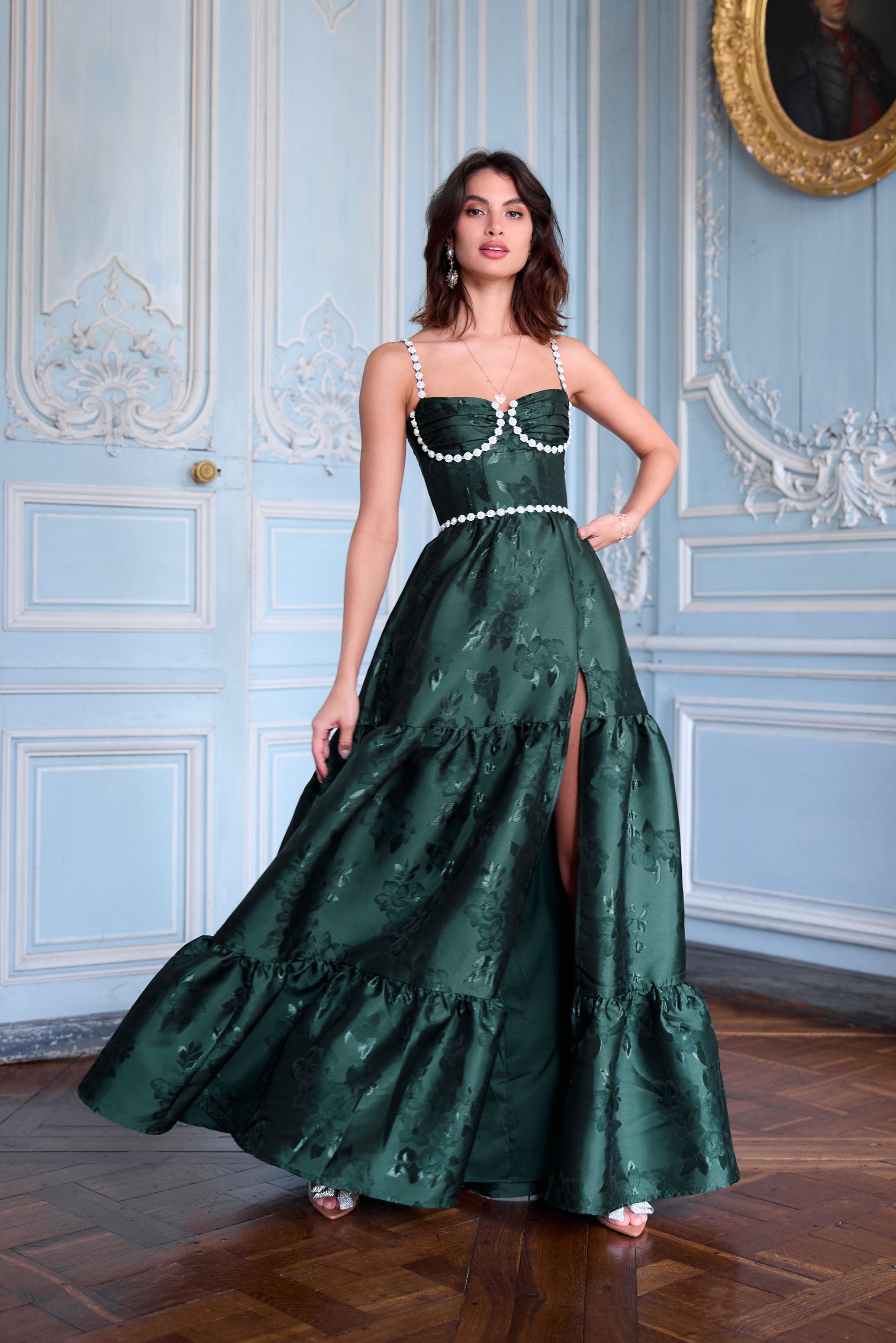 The Lucetta Dress in Emerald Baroque Floral V. Chapman The Lucetta Dress in Emerald Baroque Floral V. Chapman