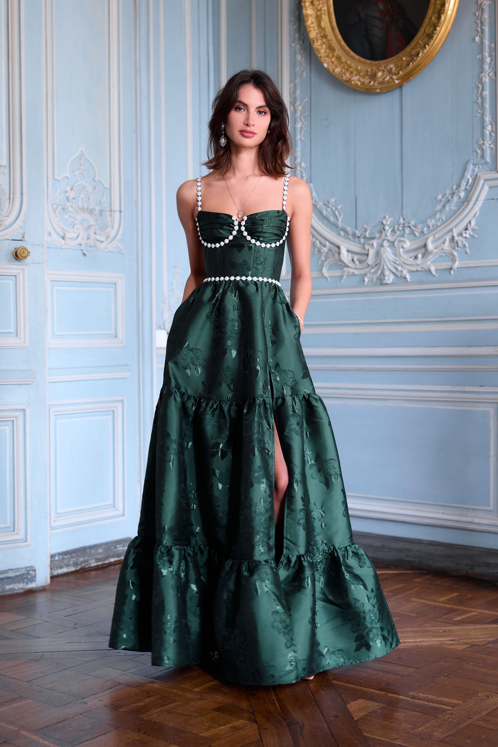 The Lucetta Dress in Emerald Baroque Floral 0 / Emerald Baroque Floral