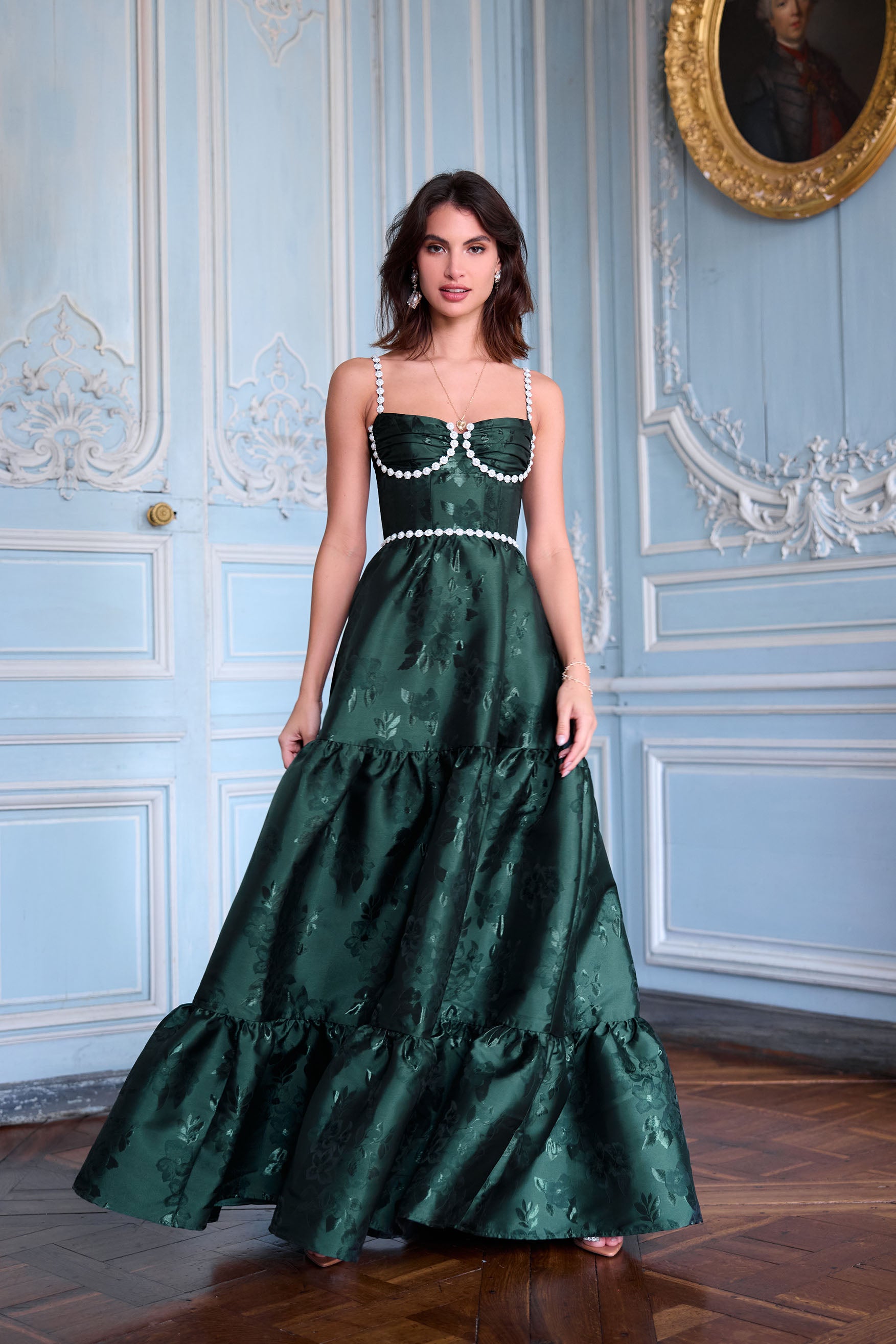 The Lucetta Dress in Emerald Baroque Floral 0 / Emerald Baroque Floral The Lucetta Dress in Emerald Baroque Floral 0 / Emerald Baroque Floral