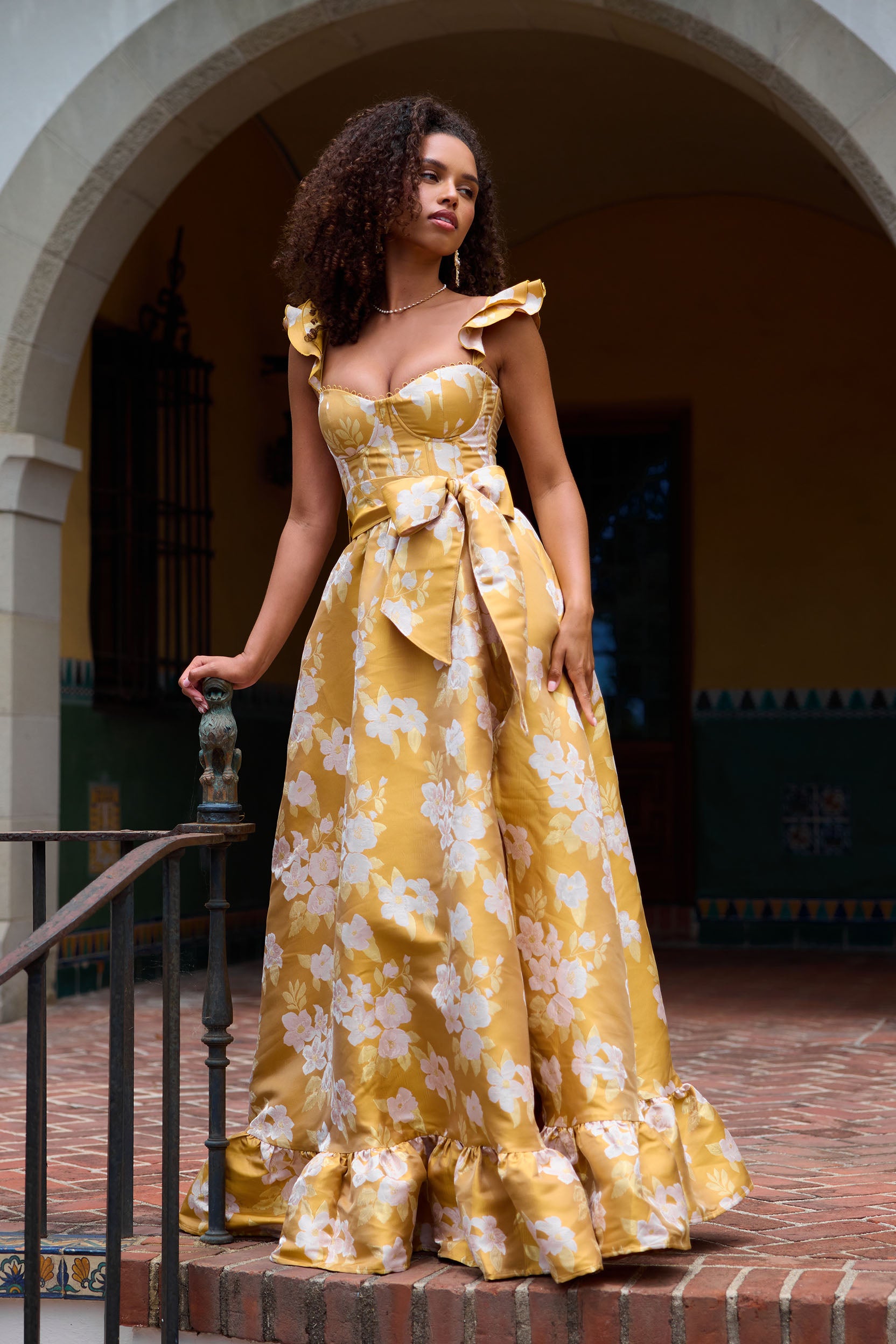 The Veronica Dress in Gold Baroque Floral 4 / Gold Baroque Floral The Veronica Dress in Gold Baroque Floral 4 / Gold Baroque Floral