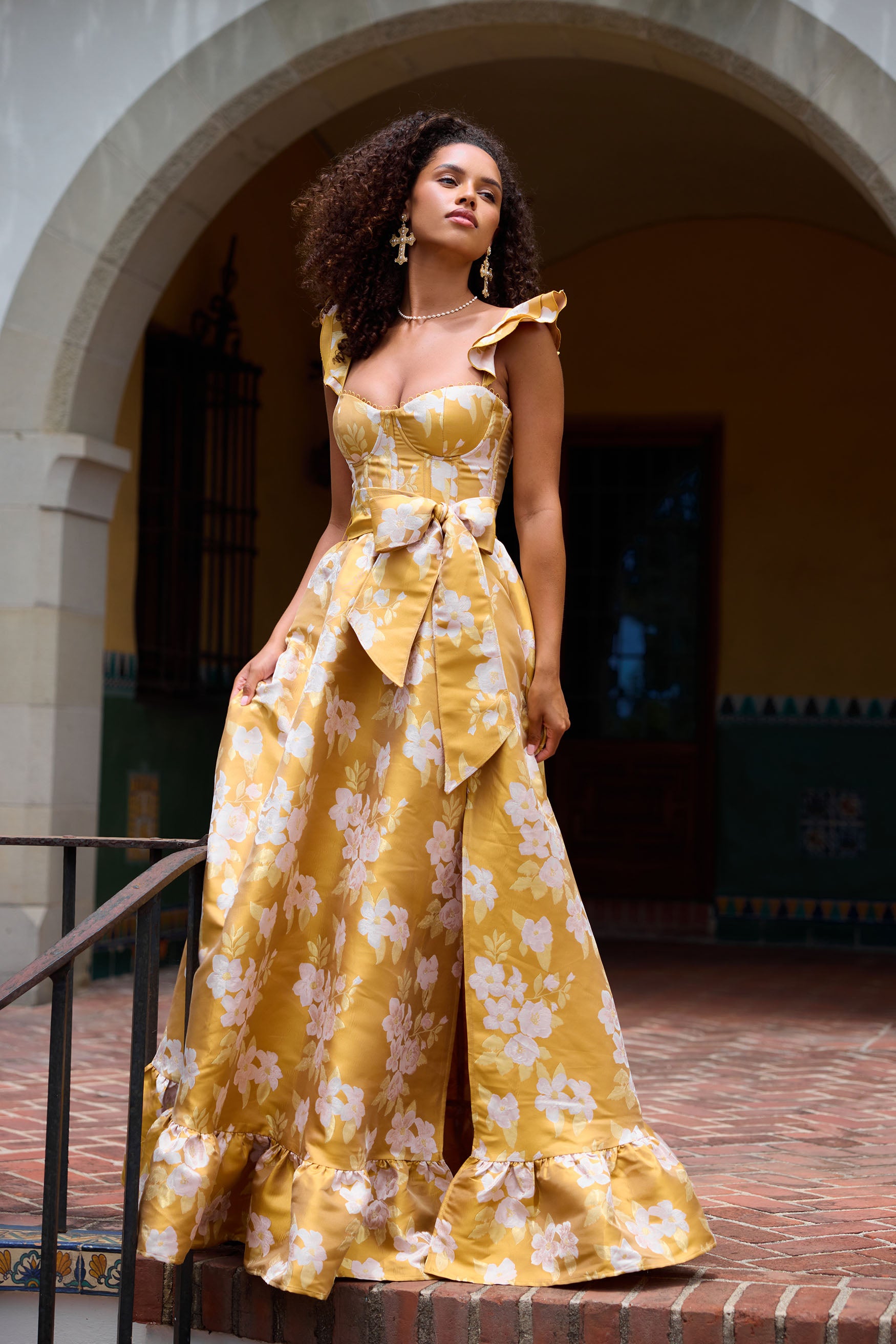 The Veronica Dress in Gold Baroque Floral 4 / Gold Baroque Floral The Veronica Dress in Gold Baroque Floral 4 / Gold Baroque Floral