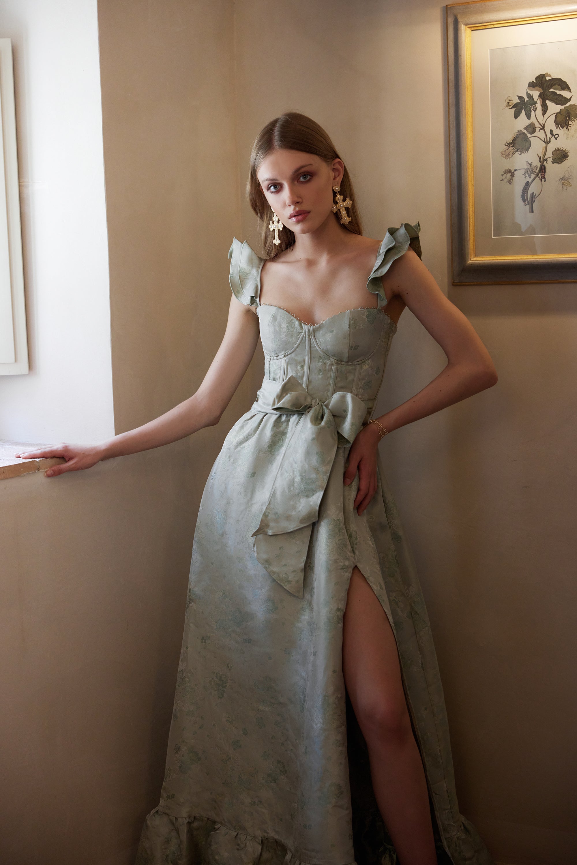 v chapman bridesmaid dresses The Veronica Dress in Sage Windsor Brocade 14 / Sage Windsor Brocade sling backs Blue White Block Print Dry Flat Color:Green Cabbage Rose