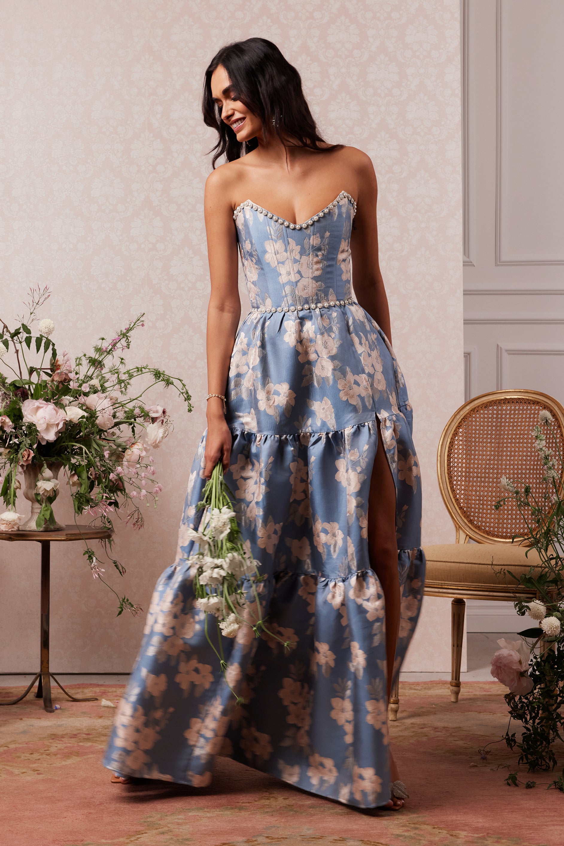 The Vivian Dress in Dusk Blue Baroque Floral – V. Chapman