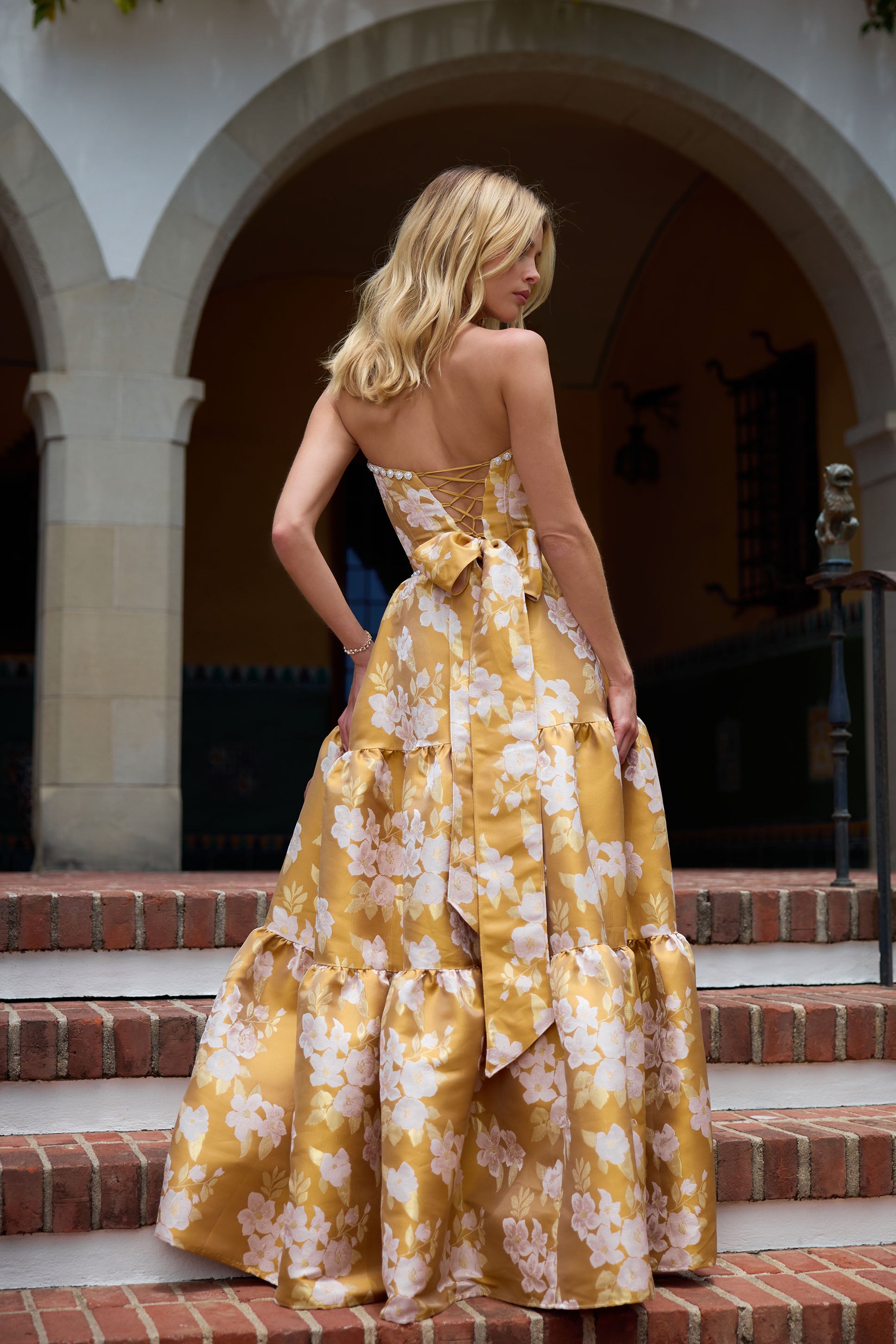 The Vivian Dress in Gold Baroque Floral – V. Chapman