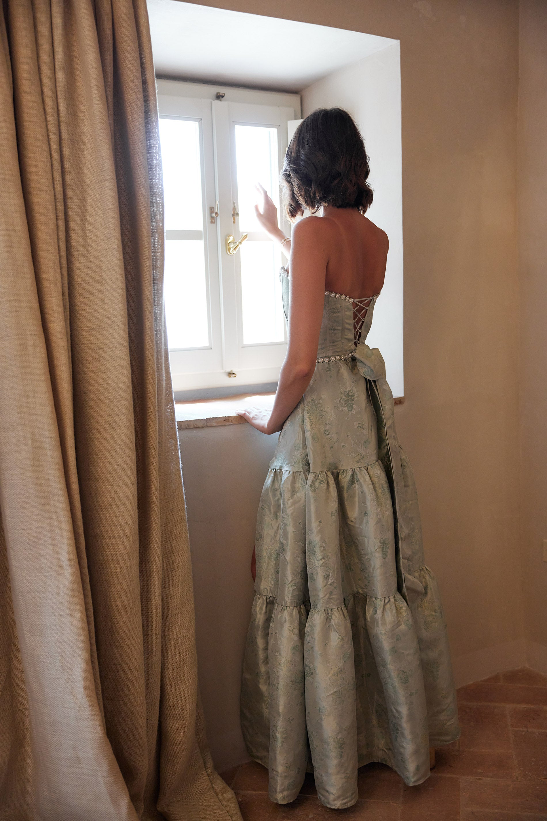 The Vivian Dress in Sage Windsor Brocade 12 / Sage Windsor Brocade The Vivian Dress in Sage Windsor Brocade 12 / Sage Windsor Brocade