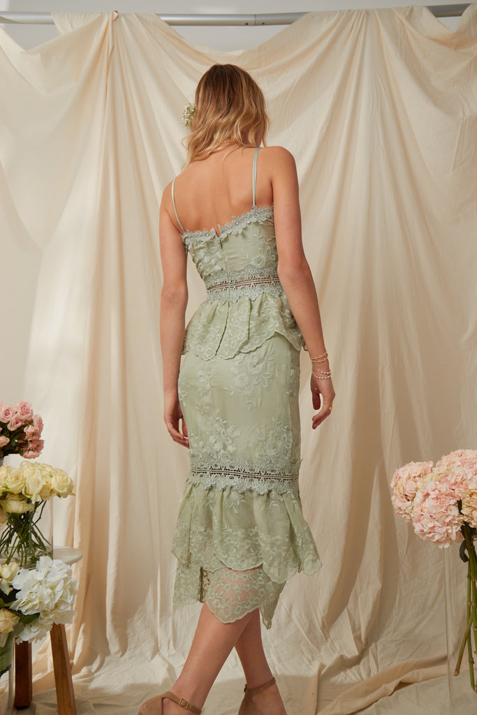Full back view of model wearing The Dahlia Dress in Sage.