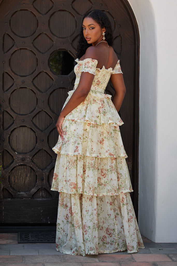 back view of model wearing angelina dress in carmel valley rose.