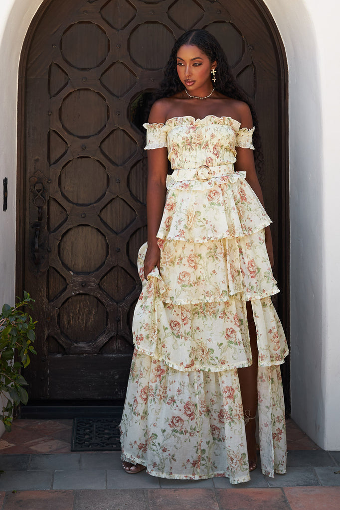 full front view of model wearing angelina dress in carmel valley rose.