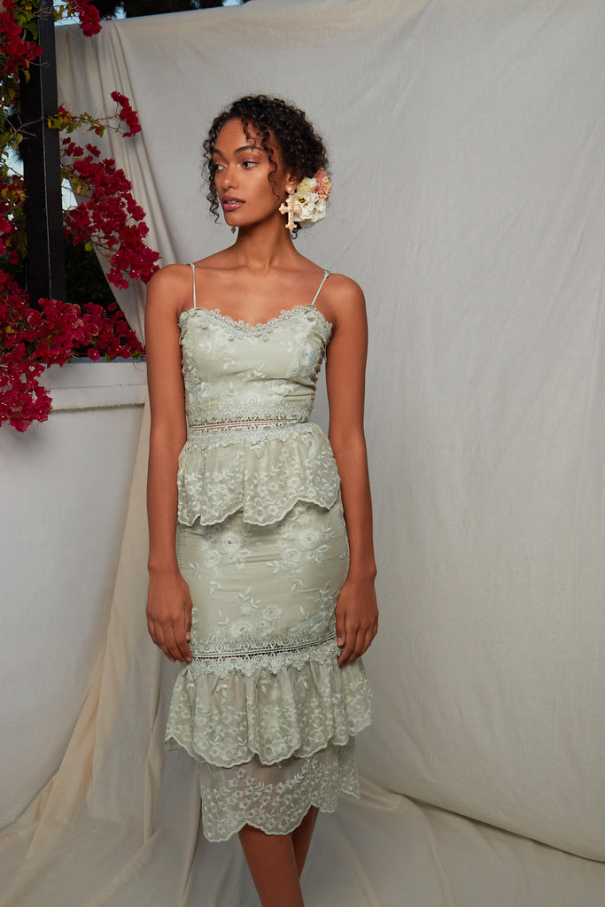 Full front view of model wearing The Dahlia Dress in Sage.