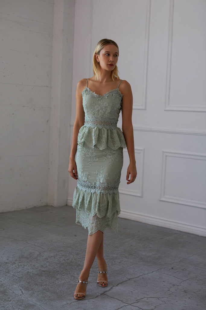 Full front view of model wearing The Dahlia Dress in Sage.