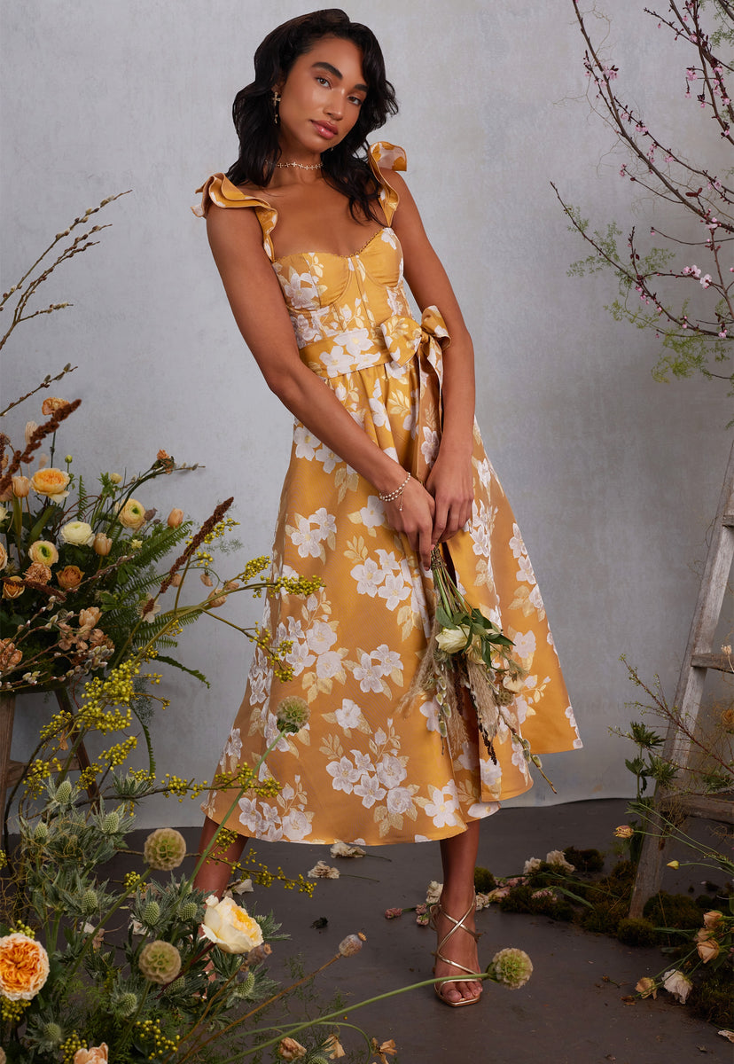 The Vera Dress in Gold Baroque Floral – V. Chapman