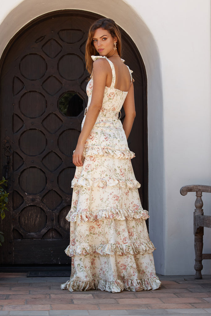 Back view of The Lisianthus Dress in Carmel Valley Rose floral print