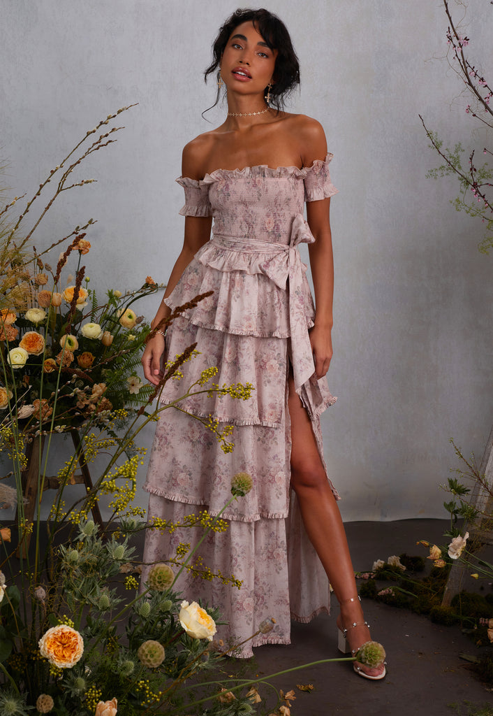 full front view of model wearing angelina dress in blush bouquet