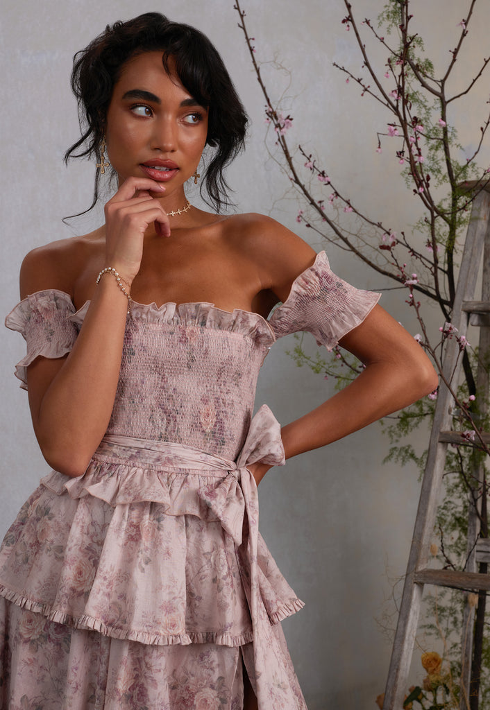 3/4 front view of model wearing angelina dress in blush bouquet
