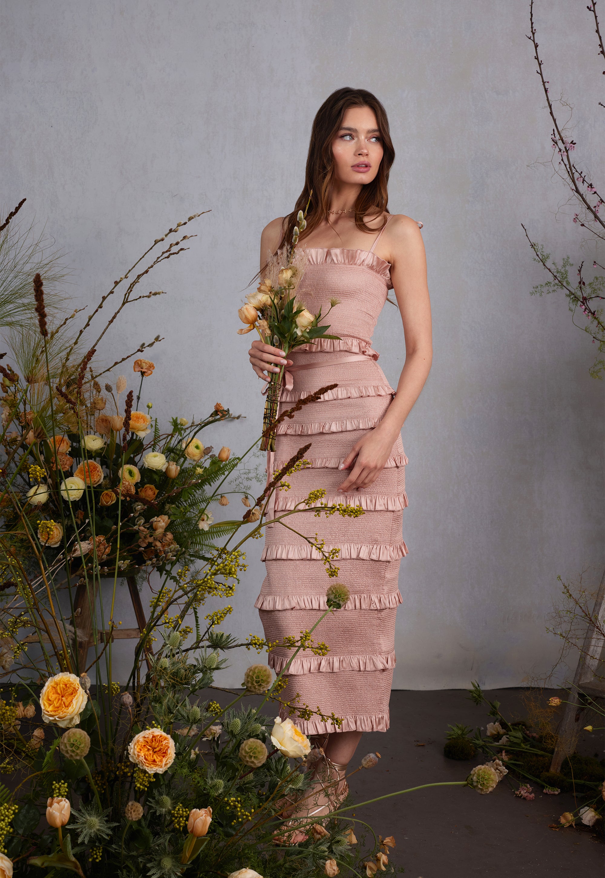 v chapman lily ruched & ruffled stretch satin midi dress The in Rose Dust – V. Please note color shade Color:Rose Gold - Dusty Pink Wool Gabardine Pants - colour_group:Blue