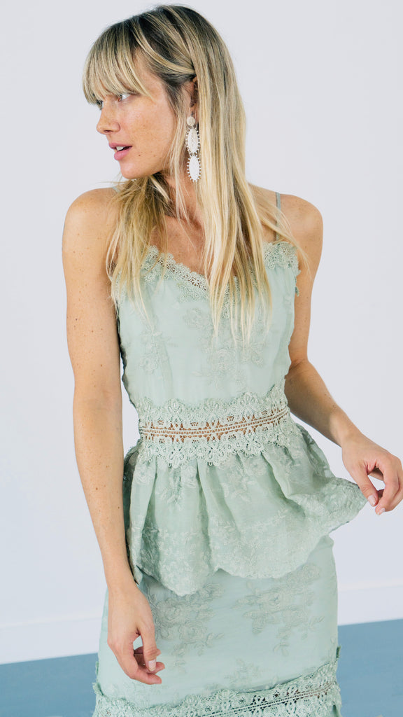 Front view of model wearing The Dahlia Dress in Sage.