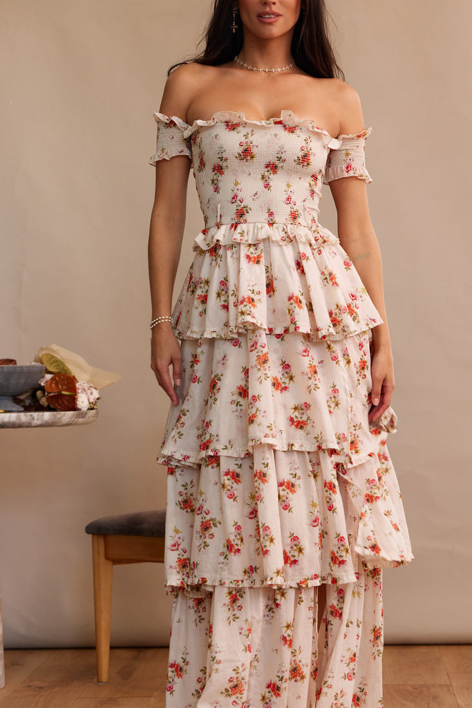 full front view of model wearing angelina dress in natural dainty floral.