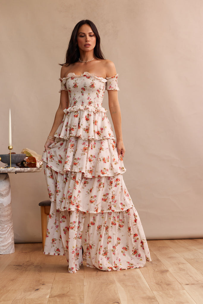 full front view of model wearing angelina dress in natural dainty floral.