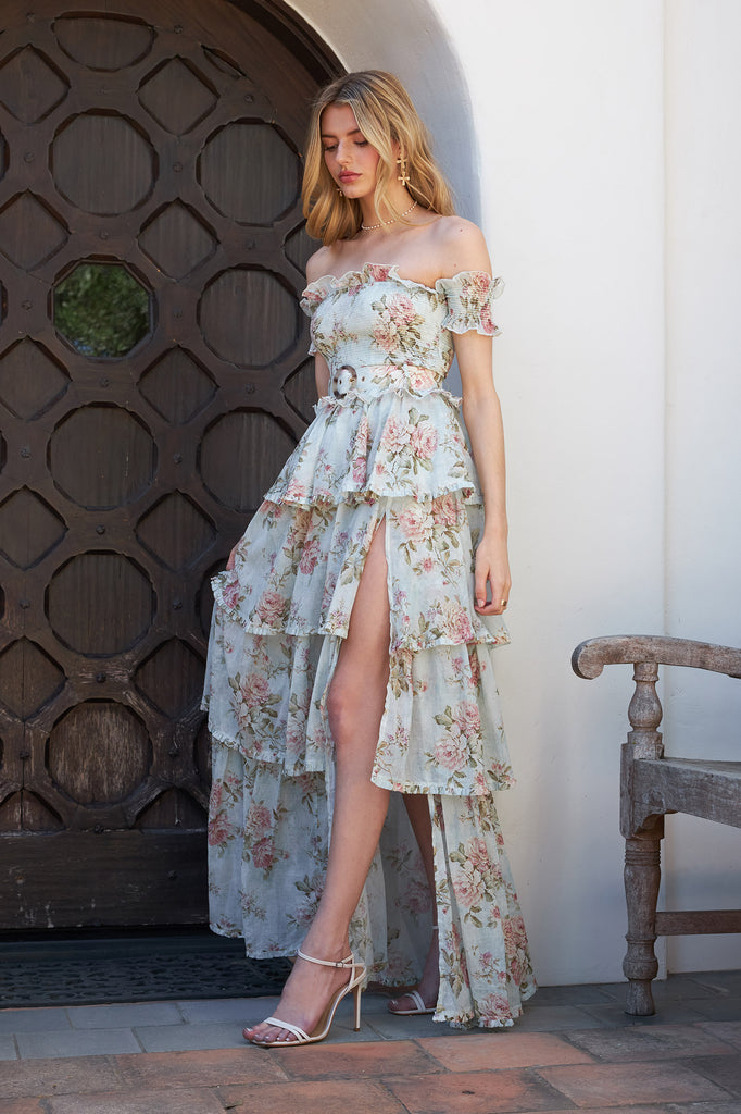 full front and side view of model wearing the angelina dress in tapestry rose print.